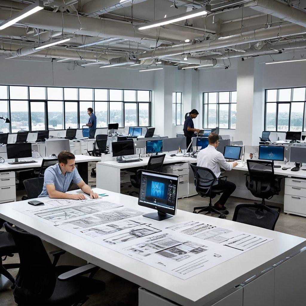 A sleek, modern industrial workspace featuring high-tech equipment, arranged neatly to showcase efficiency. In the foreground, a diverse team of workers collaborate over blueprints, while state-of-the-art machinery operates in the background. Bright light streams in through large windows, illuminating the space and emphasizing productivity. Use a vibrant color palette to reflect innovation and progress. super-realistic. vibrant colors. white background.