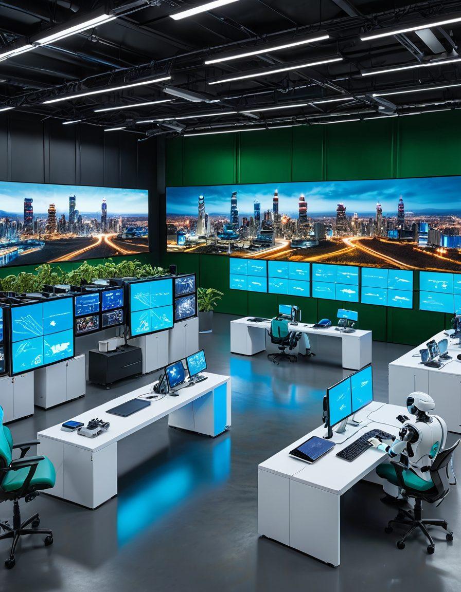 A futuristic manufacturing facility showcasing advanced robots and drones seamlessly working together in a smart supply chain. Include visual elements such as digital screens displaying real-time data analytics, automated machinery, and sustainable materials. The background should feature a city skyline with green technology and solar panels, symbolizing innovation. Emphasize vibrant colors and a dynamic perspective that conveys efficiency and progress. super-realistic. vibrant colors.