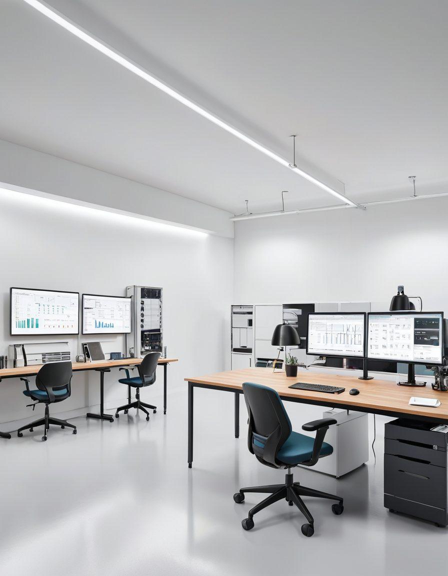 A sleek and organized industrial workspace showcasing essential equipment like high-tech machinery, tools, and ergonomic furniture. Include a maintenance checklist on a digital screen, with professionals actively engaged in work, emphasizing teamwork and productivity. The environment should convey efficiency and innovation with bright lighting and a clean aesthetic. super-realistic. vibrant colors. white background.